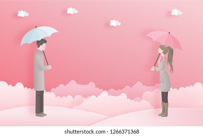 Lovely couple for Valentine's card with love concept in sweet paper cut style vector illustration.