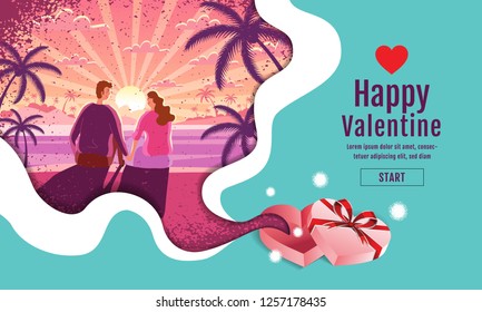 Lovely couple ,Valentine's day ,festival, sun rise Landscape Background, Banner Design Layout, Vector illustration, Art style,