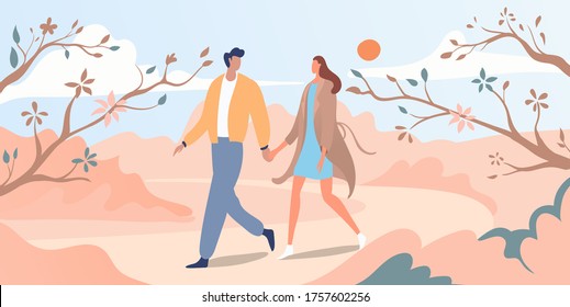 Lovely couple walk springtime bloom tree and flower, lover male female stroll spring period garden flat vector illustration. Person resting national park, man woman hold hand romantic date.