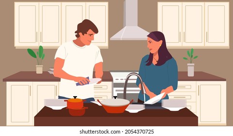 Lovely couple washing utensils in the kitchen interior. Editable vector illustration