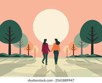 lovely couple of women holding hand at park in front of sunset together flat design 