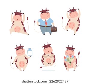 Lovely Cow Character with Horns and Udder Engaged in Different Activity Vector Set