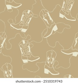 Lovely cowboy boots animal print, flames, stars. Vector hand-drawn illustration, seamless repeat pattern.