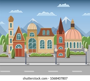 Lovely cozy houses in a fairy-tale town. Background for design cartoons and games.