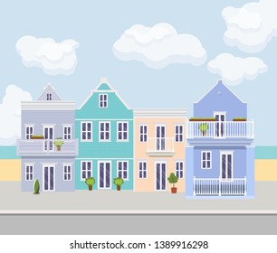 Lovely cozy houses in a fairy-tale town. Background for design cartoons and games.