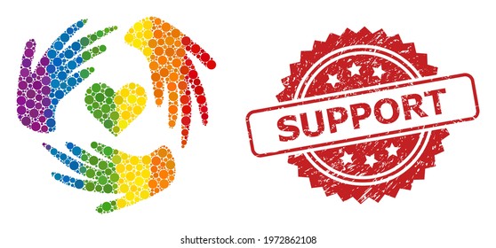 Lovely craft hands collage icon of spheric dots in various sizes and spectrum color hues, and Support grunge rosette stamp seal. A dotted LGBT-colored Lovely craft hands for lesbians, gays,