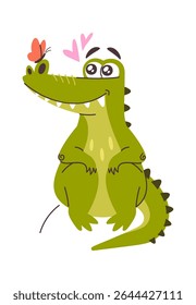 Lovely crocodile playing with butterfly