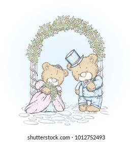 Lovely cubs in a wedding dress and a dress. Wedding of little bears. Vector illustration for a postcard or a poster, print for clothes and accessories.