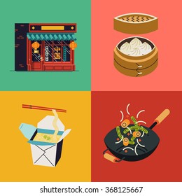 Lovely culinary items and restaurant food icons on oriental eastern Chinese cuisine and dishes. Chinese restaurant, take away noodles, dumplings and hot wok pan in trendy flat design