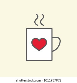 lovely cup of tea with steam and red heart line flat icon on yel