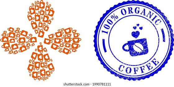 Lovely cup twirl flower shape, and blue round 100 Percents ORGANIC COFFEE corroded stamp seal with icon inside. Element twirl created from oriented lovely cup symbols. Vector flower collage in flat