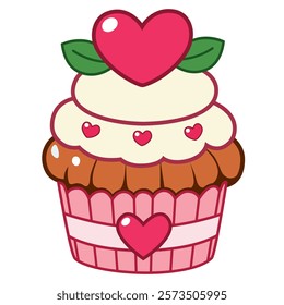 Lovely cupcake with cutest heart on top for Valentine. Graphic design on white background.