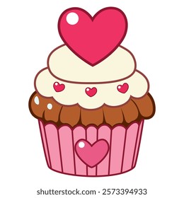 Lovely cupcake decorated with a big heart on top in pink cup. Graphic illustration design for Valentine and the other special times.