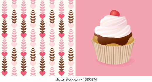 A lovely cupcake and a heart seamless pattern