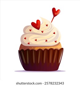 A lovely cupcake topped with fluffy whipped cream and edible heart decorations. This sweet treat is perfect for spreading love and joy, making every bite feel special and delightful