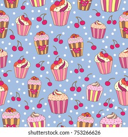 Lovely cupcakes seamless pattern. Good for textile fabric design, wrapping paper and website wallpapers. Vector illustration.