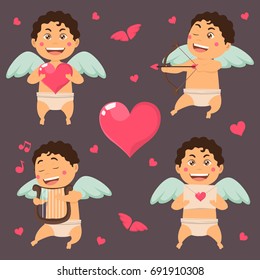 Lovely cupid character pose with flat color style an love background