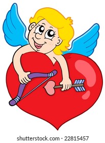 Lovely cupid holding heart - vector illustration.