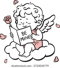 Precioso cupido sentado en una nube leyendo una carta de 'Sé mío' y sosteniendo una rosa. Ilustración de doodle de concepto de confesión romántica.