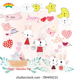 Lovely cute animal rabbit bunny and sweet home pink and blue pastel character flower garden pattern baby style background invitation card doodle comic cartoon art illustration vector