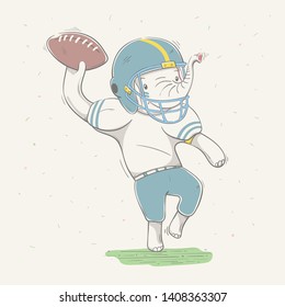 Lovely cute baby elephant dressed like American Football player with ball in field. Young dressed elephant. Sport series of children's card with cartoon style animal. Vector illustration.