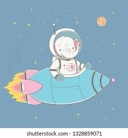 Lovely cute baby elephant flying in the rocket in the space. Space series of children's card with cartoon style animal. Easy vector illustration