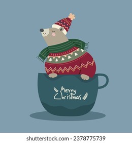 A lovely cute bear wearing scraf, Christmas hat, and sweater in coffee cup on dark blue background. Vector illustration for Merry Christmas concept