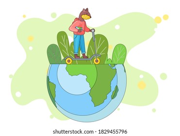Lovely cute beaver schoolboy with half a globe in hands is riding a scooter the layout of the planet earth. Back to school concept, education theme. Active pupil is going to classes on the foot bike