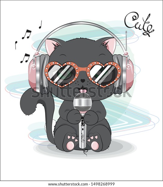 Image Vectorielle De Stock De Joli Chaton Noir Avec Son Microphone