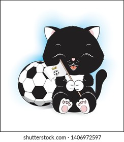 lovely cute black and white kitten, on a white background, football fan, with a football ball and a tag
