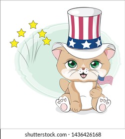 lovely cute brown cat kitten wishes a happy Independence Day to America, american flag clip art