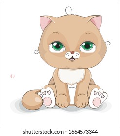 lovely cute brown cat kitten, on white background. Picture in hand drawing cartoon style, for t-shirt wear fashion print design, greeting card, postcard. baby shower. party invitation.
