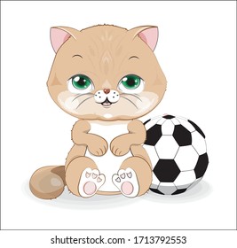 lovely cute brown cat kitten, with football ball. Picture in hand drawing cartoon style, for t-shirt wear fashion print design, greeting card, postcard. baby shower. party invitation.