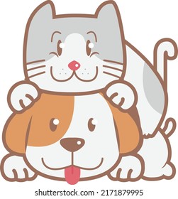 Lovely cute brown dog and grey cat cuddling each other