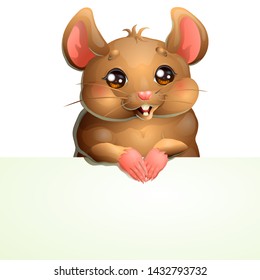 The lovely cute brown and pink mouse with black eyes with banner or a poster isolated on white background. A vector illustration in cartoon 3d style