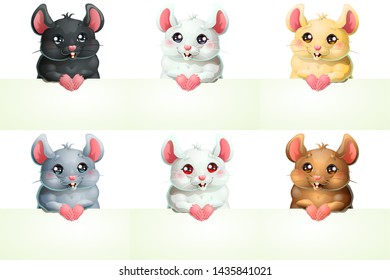 The lovely cute brown and pink mouse with black eyes with banner or a poster isolated on white background. A vector illustration in cartoon 3d style