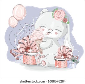 lovely cute bunny with icecream. rabbit. hare, rabbit with gift. confetti and balloon. Picture in hand drawing cartoon style, for, greeting card, postcard. baby shower. party invitation.