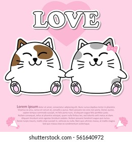 Lovely cute cat couple hold hands together on Valentine's Day.  paper cut sticker concept