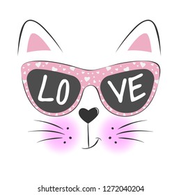 Lovely cute cat face in sunglasses  and text Love isolated object white background  This is vector illustration hand drawn available for for t  shirt prints   other uses  Greeting card 