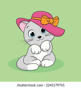 lovely cute cat with hat. Vector illustration for baby shower, greeting card, party invitation, fashion clothes t-shirt print.
