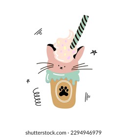 Lovely cute cat milkshake, baby stylish illustration, unique stylish print for posters, mugs, cards, clothes and stationery. Vector Illustration, clipart. Isolated on white background.