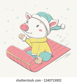 Lovely cute cheerful dressed piggy rides on a sled. Card with cartoon animal. Easy vector illustration