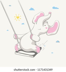 Lovely cute cheerful elephant swings on a swing. Card with cartoon animal. Easy vector illustration