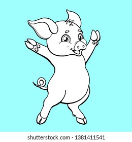 The lovely cute cheerful little joyful ruddy pink pig rejoices standing on hind legs. A cartoon vector illustration isolated on blue. Page coloring book