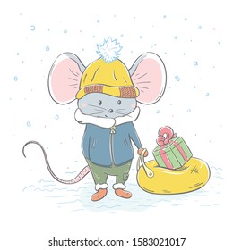 Lovely cute cheerful mouse with gifts on a sleigh. Easy vector illustration