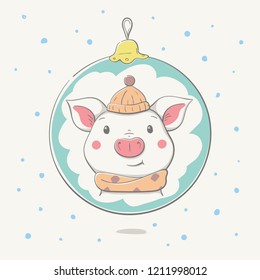 Lovely cute cheerful piggy in a hat and a pink scarf in a reflection on Ð¡hristmas ball. Card with cartoon animal. Easy vector illustration