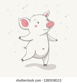 Lovely cute cheerful piggy runs and the small heart the belly  Card and cartoon animal  Easy vector illustration