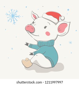 Lovely cute cheerful piggy sits in a red Christmas hat and jersey or pullover. Card with cartoon animal. Easy vector illustration