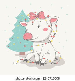 Lovely cute cheerful piggy tangled in garland sit near the Christmas tree. Card with cartoon animal. Easy vector illustration