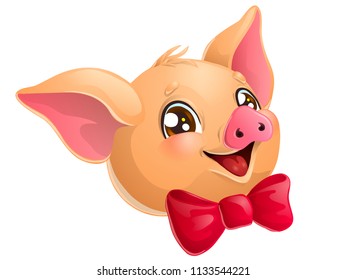 The lovely cute cheerful yellow pig head with red bow and browm eyes smile. A cartoon vector illustration isolated on white.
